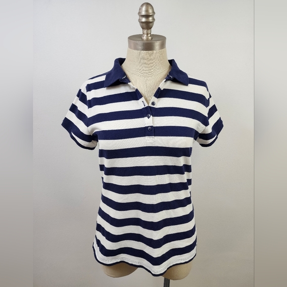 Liz Claiborne Women's Striped Polo Shirt Blue and White, size Medium - Picture 1 of 12